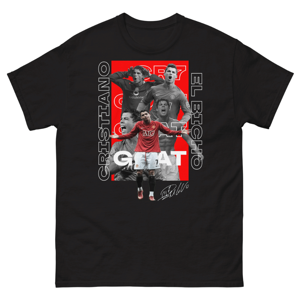 Black soccer t-shirt featuring Cristiano Ronaldo (CR7) in a Manchester United red jersey alongside grayscale action shots, with bold “G.O.A.T” typography framed by “Cristiano” and “El Bicho” lettering and his signature, premium CR7 fan merch