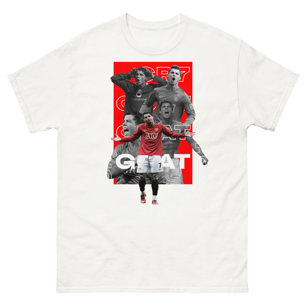 White soccer t-shirt featuring Cristiano Ronaldo (CR7) in a Manchester United red jersey alongside grayscale action shots, with bold “G.O.A.T” typography framed by “Cristiano” and “El Bicho” lettering and his signature, premium CR7 fan merch