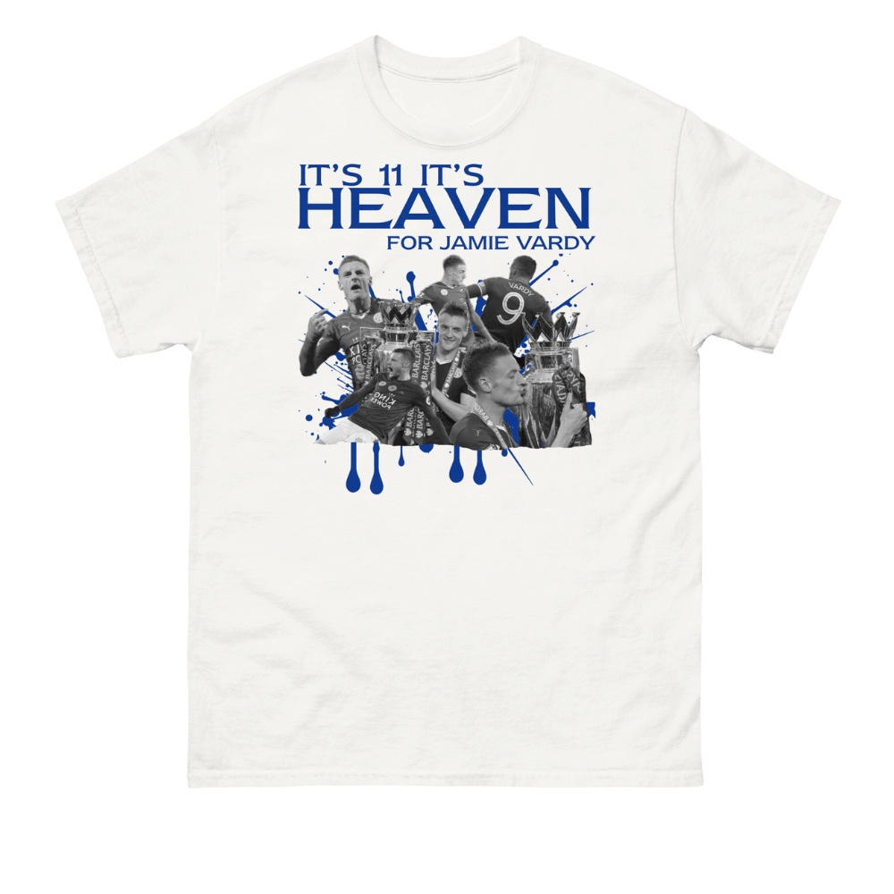 White football t-shirt featuring Leicester City striker Jamie Vardy celebrating with Premier League trophy collage under bold blue “It’s 11 It’s Heaven for Jamie Vardy” slogan, official Jamie Vardy fan apparel