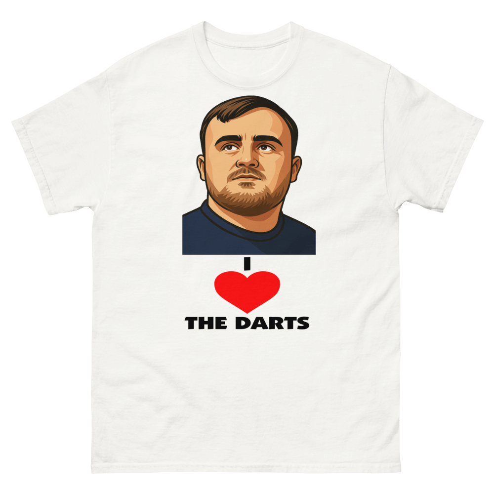 White darts t-shirt featuring a stylized portrait of PDC phenom Luke Littler above a red heart icon and bold “I Love the Darts” slogan, premium darts fan merchandise for PDC enthusiasts