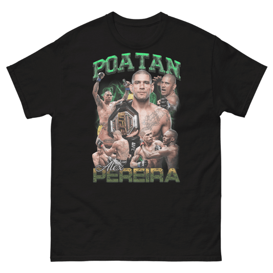 Black MMA t-shirt featuring UFC double champion Alex Pereira holding his championship belt with “Poatan” text above and a collage of fight action below, ideal UFC apparel for fans