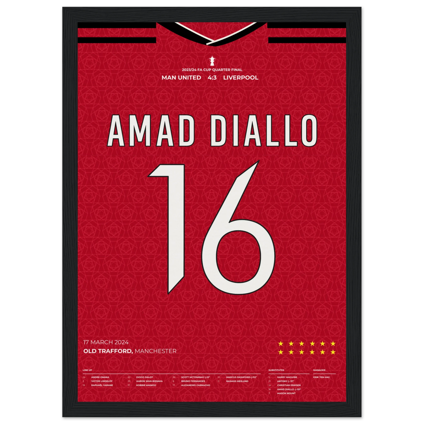 Framed Amad Diallo Manchester United FA Cup 2024 poster celebrating 4-3 win over Liverpool at Old Trafford on 17 March
