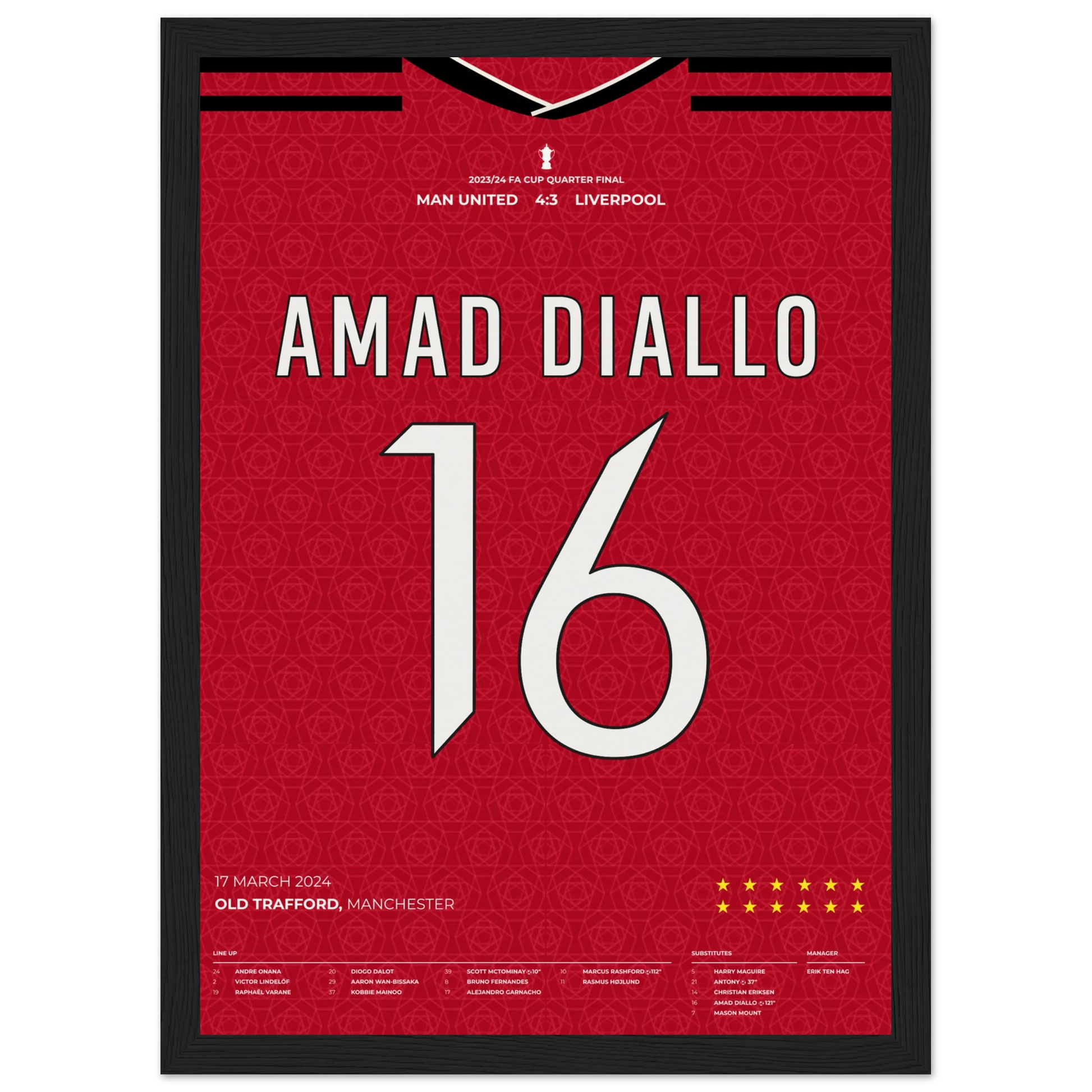 Framed Amad Diallo Manchester United FA Cup 2024 poster celebrating 4-3 win over Liverpool at Old Trafford on 17 March