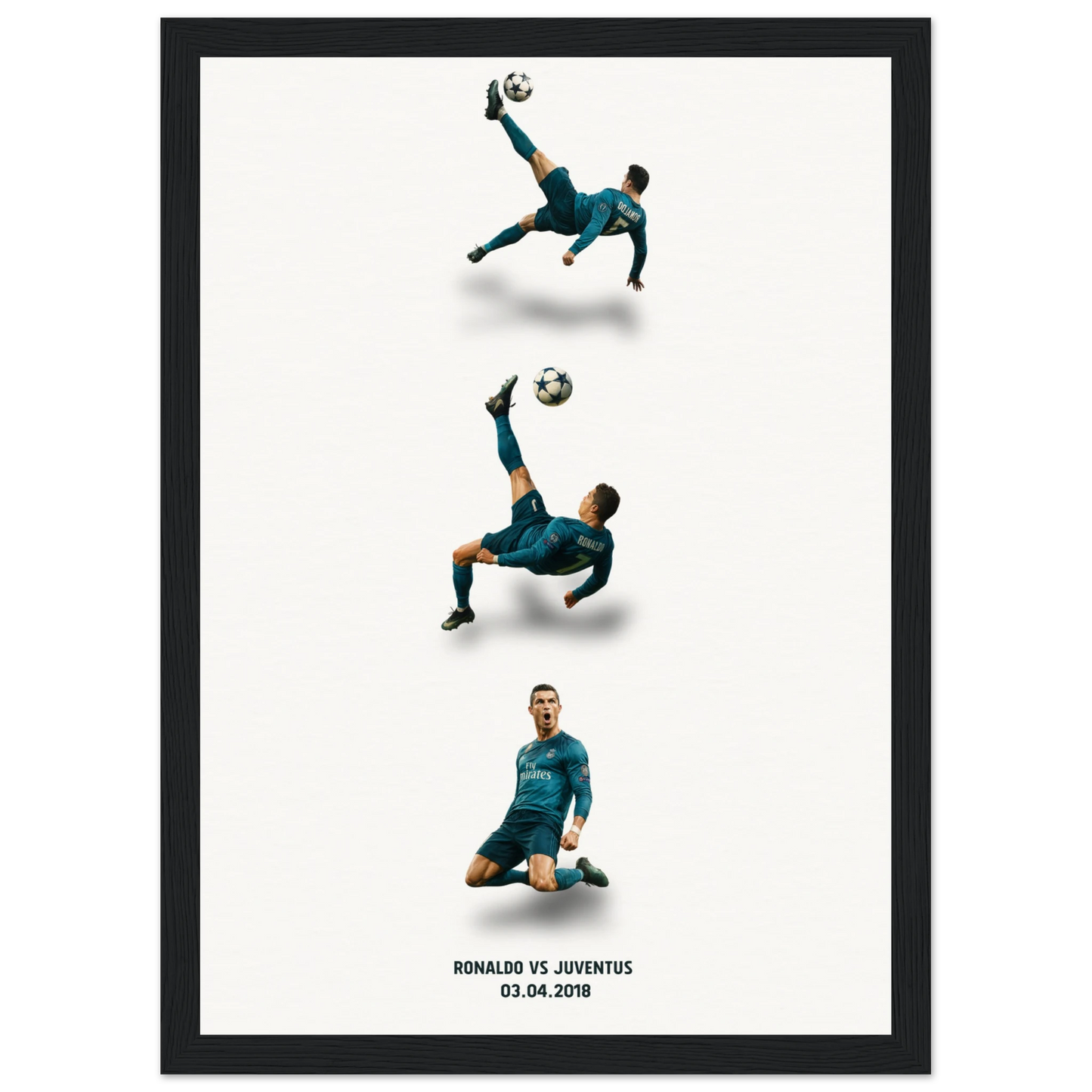 Illustration poster of Cristiano Ronaldo's iconic bicycle kick goal against Juventus in the 2018 Champions League, featuring three stages of the goal and his celebration in a Real Madrid kit.
