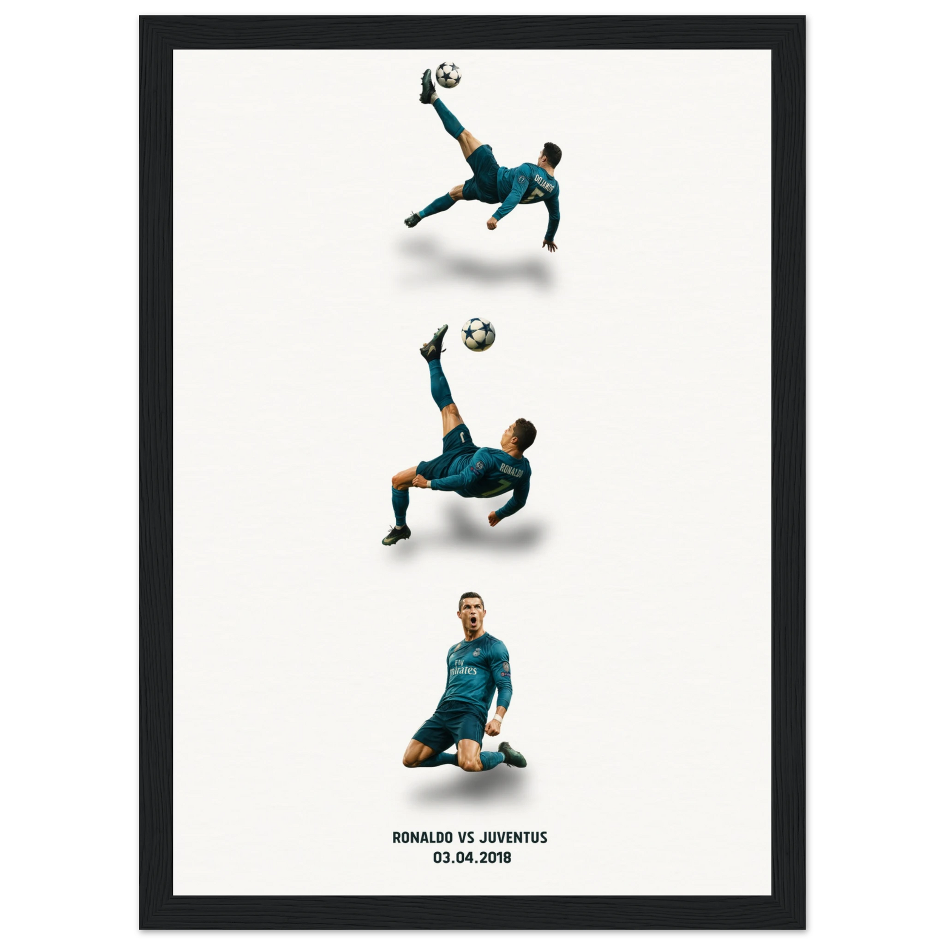 Illustration poster of Cristiano Ronaldo's iconic bicycle kick goal against Juventus in the 2018 Champions League, featuring three stages of the goal and his celebration in a Real Madrid kit.