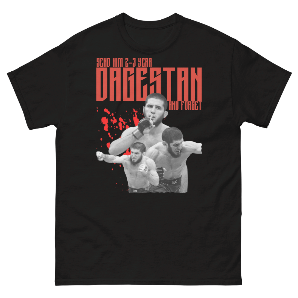 Black MMA t-shirt featuring UFC lightweight champion Islam Makhachev in dynamic striking and grappling poses with red splatter graphic and bold “Send Him 2-3 Year Dagestan and Forget” typography, premium Dagestan fight apparel for UFC fans
