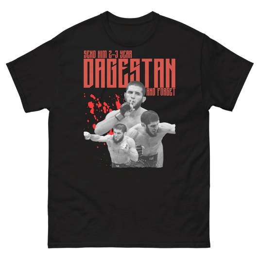 Black MMA t-shirt featuring UFC lightweight champion Islam Makhachev in dynamic striking and grappling poses with red splatter graphic and bold “Send Him 2-3 Year Dagestan and Forget” typography, premium Dagestan fight apparel for UFC fans
