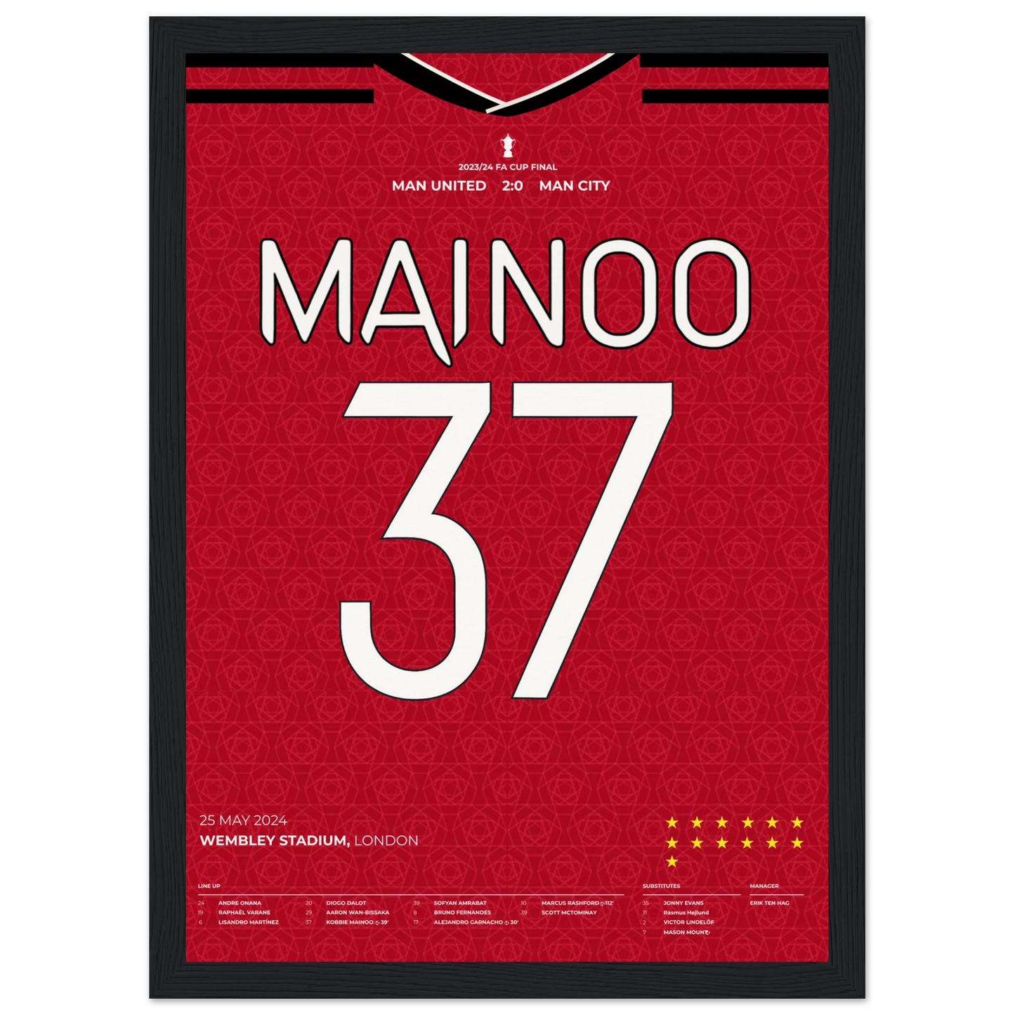 Framed Kobbie Mainoo Manchester United FA Cup Final 2024 poster celebrating 2-0 win over Manchester City at Wembley Stadium