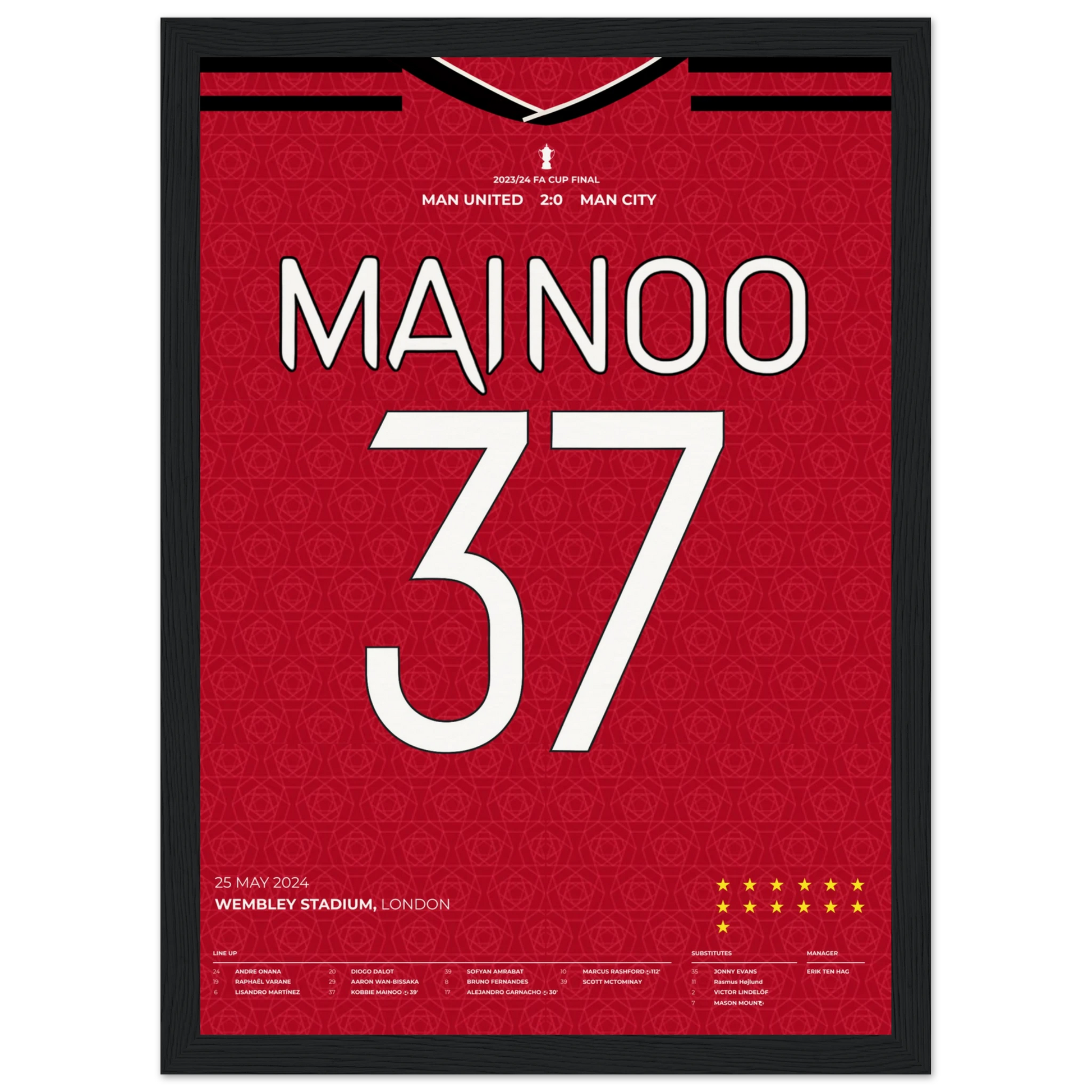 Framed Kobbie Mainoo Manchester United FA Cup Final 2024 poster celebrating 2-0 win over Manchester City at Wembley Stadium