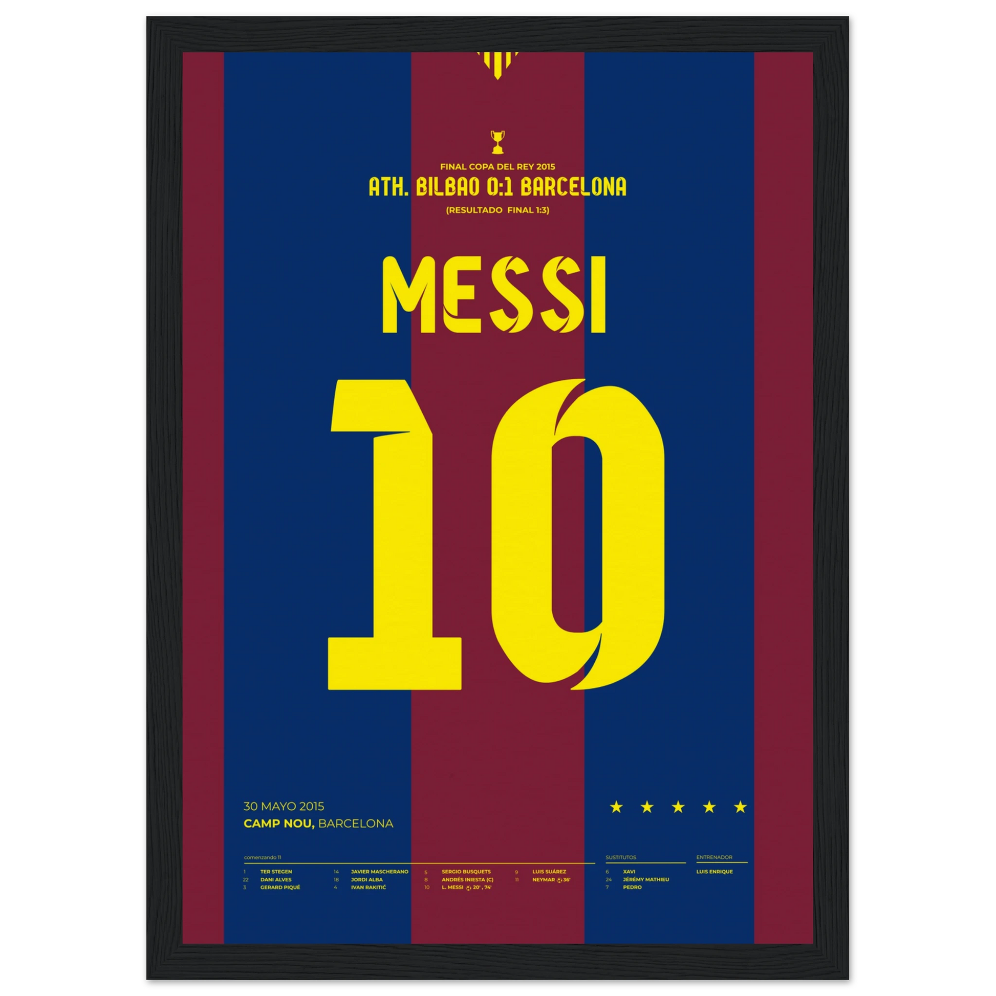 Lionel Messi “10” poster for the 2015 Copa del Rey Final at Camp Nou featuring FC Barcelona blue and claret stripes, match score Athletic Bilbao 0–1 Barcelona and full line-up details
