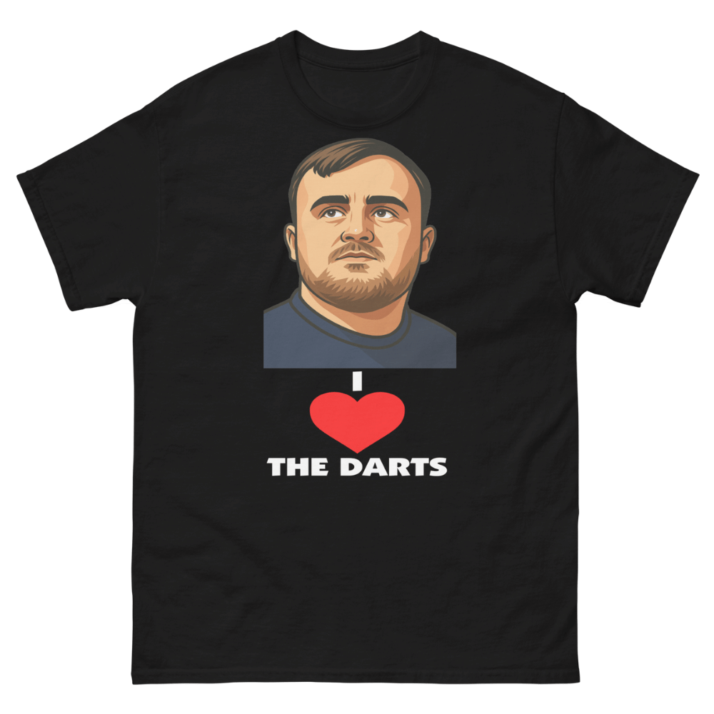 Black darts t-shirt featuring a stylized portrait of PDC phenom Luke Littler above a red heart icon and bold “I Love the Darts” slogan, premium darts fan merchandise for PDC enthusiasts
