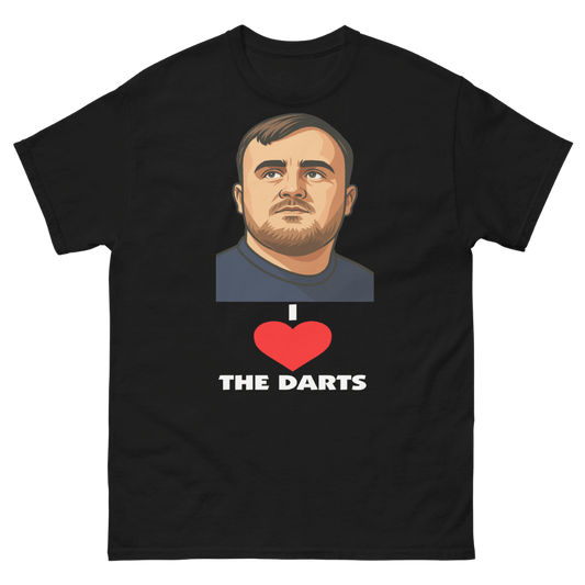 Black darts t-shirt featuring a stylized portrait of PDC phenom Luke Littler above a red heart icon and bold “I Love the Darts” slogan, premium darts fan merchandise for PDC enthusiasts
