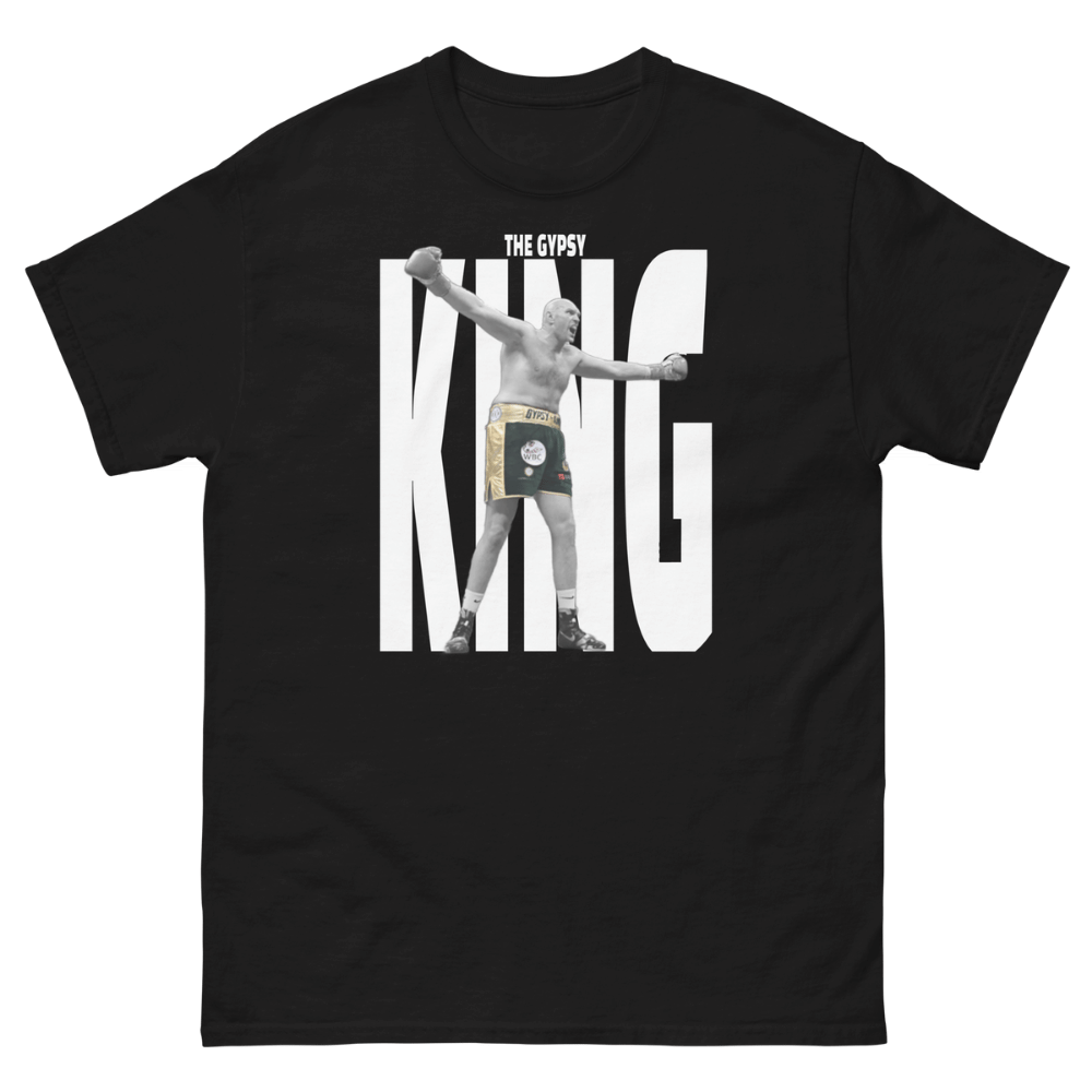 Black boxing t-shirt featuring heavyweight champion Tyson Fury in his signature “The Gypsy King” victory pose framed by bold black KING typography, premium Tyson Fury fan apparel
