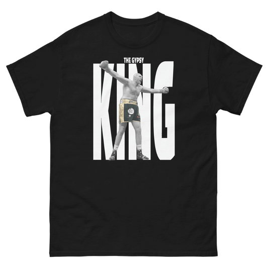 Black boxing t-shirt featuring heavyweight champion Tyson Fury in his signature “The Gypsy King” victory pose framed by bold black KING typography, premium Tyson Fury fan apparel
