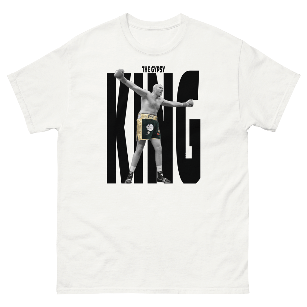 White boxing t-shirt featuring heavyweight champion Tyson Fury in his signature “The Gypsy King” victory pose framed by bold black KING typography, premium Tyson Fury fan apparel