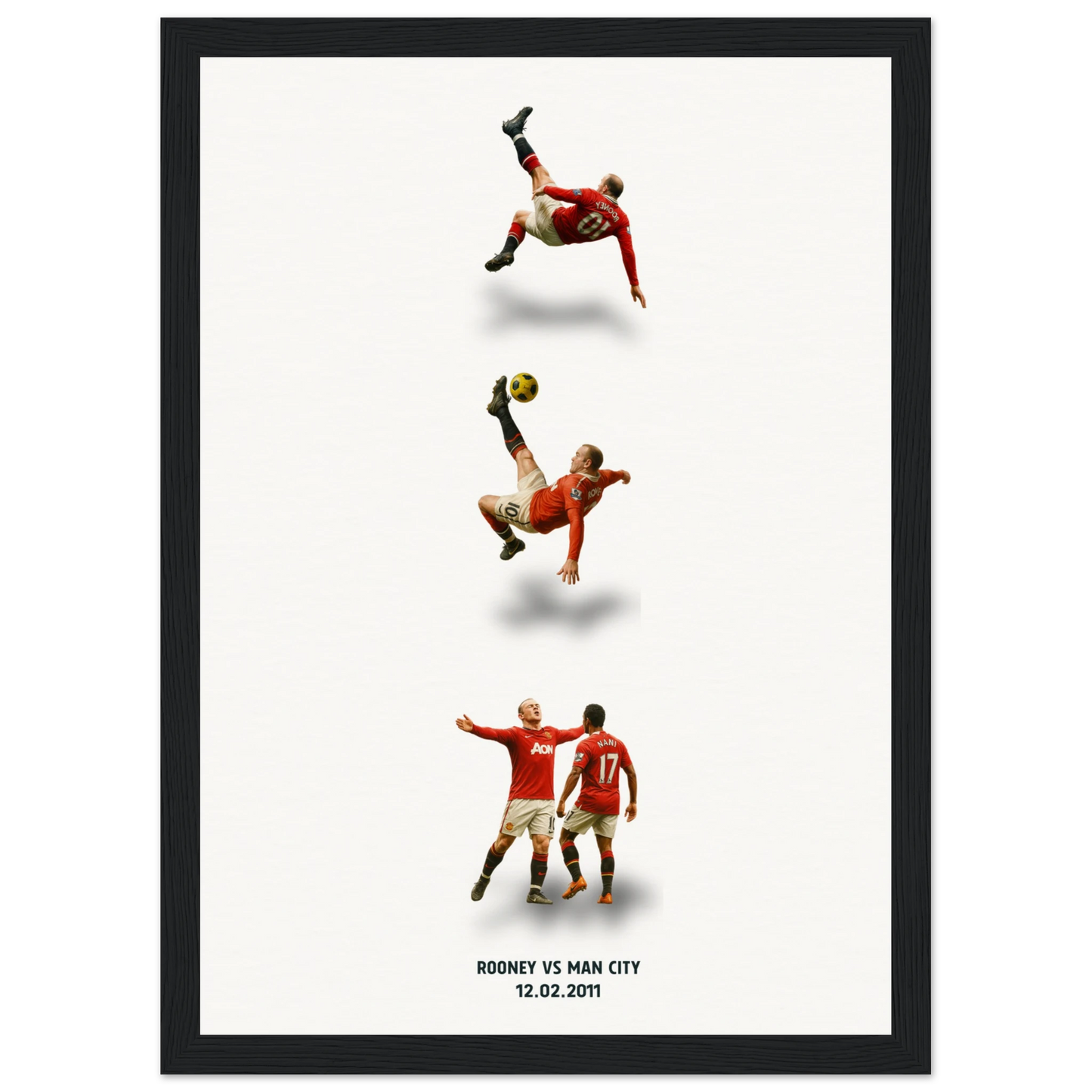 Poster of Wayne Rooney’s iconic bicycle kick goal against Manchester City on February 12, 2011, in the Premier League, celebrating with Nani in a Manchester United kit.